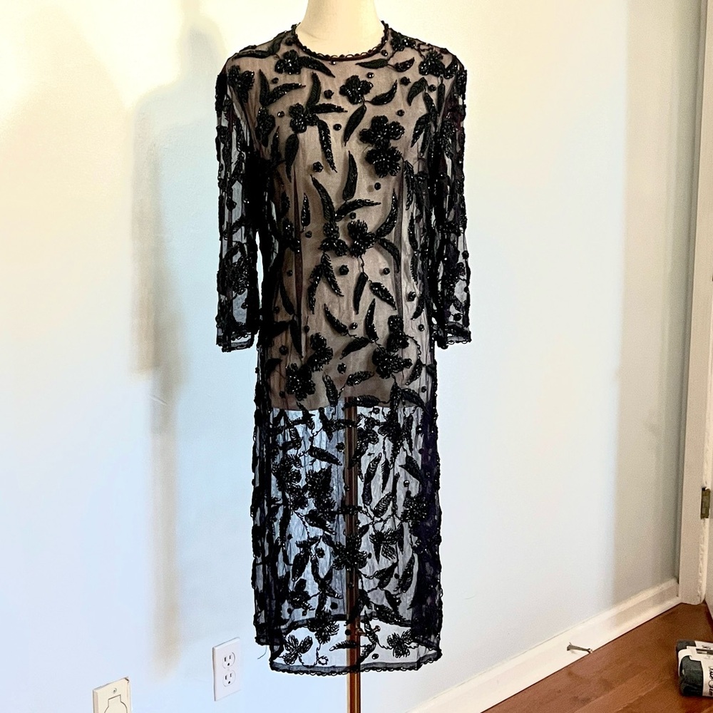 VTG Heavy Beaded Mesh Overlay Dress Black Floral Couture Evening Wear Art Size S - Picture 2 of 11